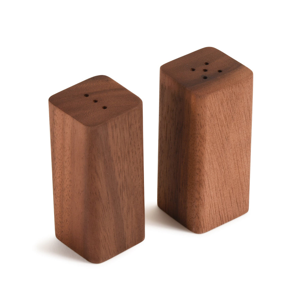 Acacia Wood Salt & Pepper Shakers with Base - Handcrafted Kitchen Decor