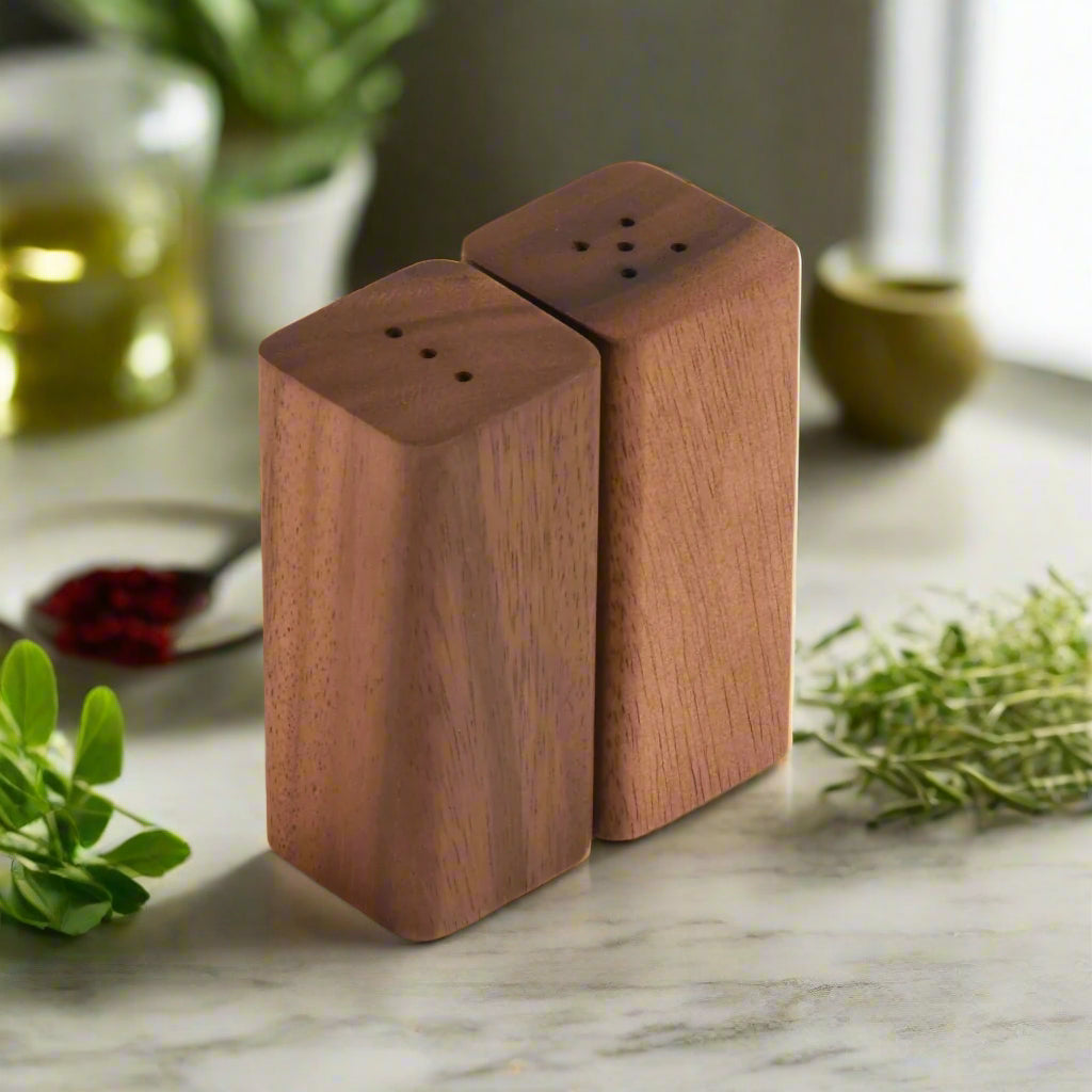 Acacia Wood Salt & Pepper Shakers with Base - Handcrafted Kitchen Decor