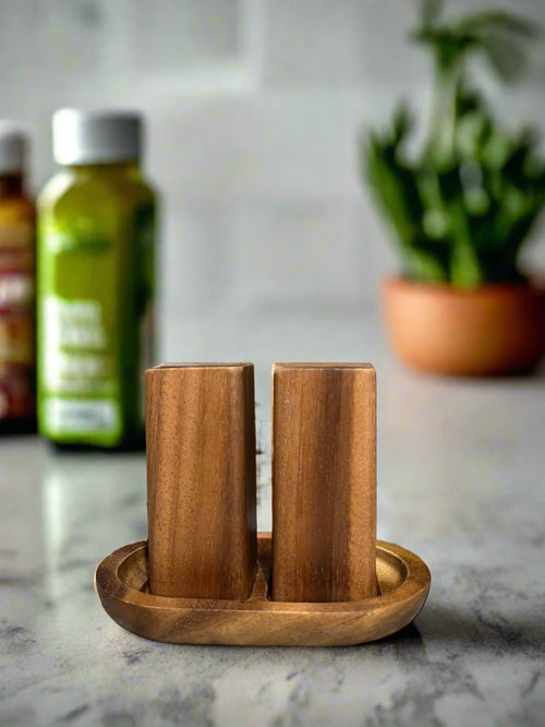 Acacia Wood Salt & Pepper Shakers with Base - Handcrafted Kitchen Decor