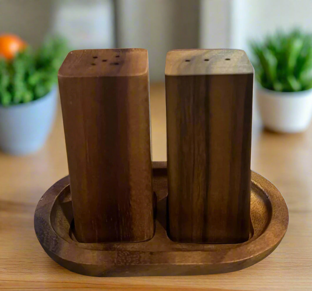 Acacia Wood Salt & Pepper Shakers with Base - Handcrafted Kitchen Decor