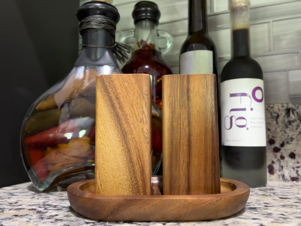 Acacia Wood Salt & Pepper Shakers with Base - Handcrafted Kitchen Decor