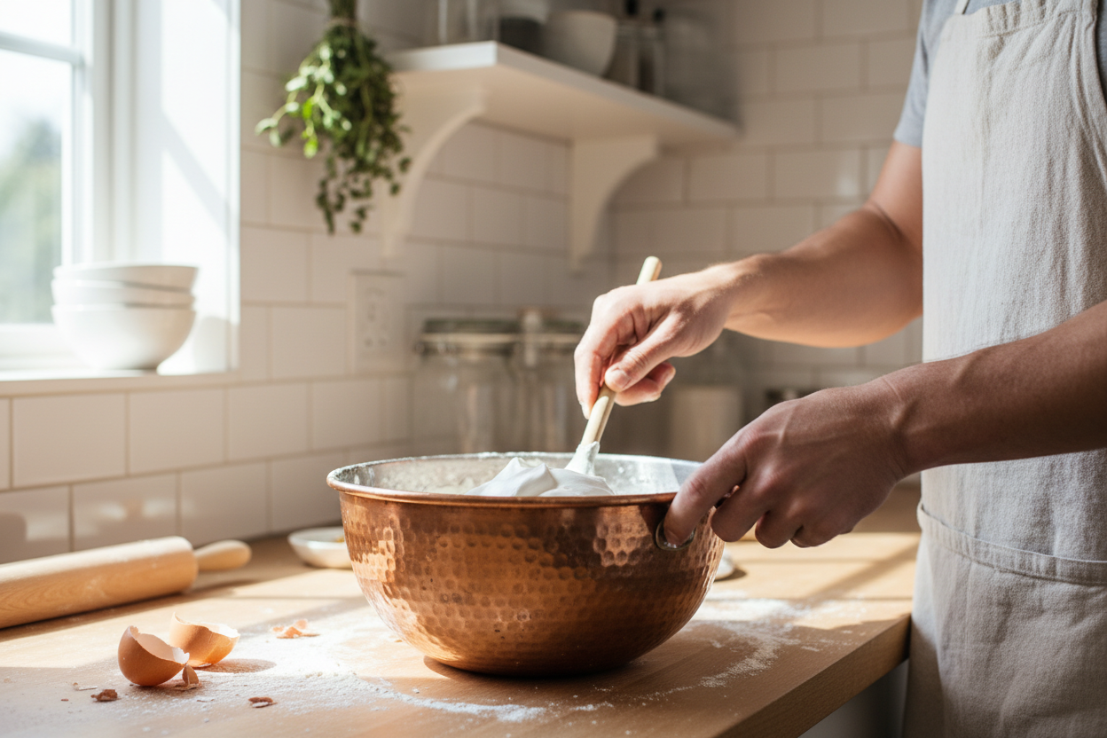 Baker using vintage copper mixing bowl
