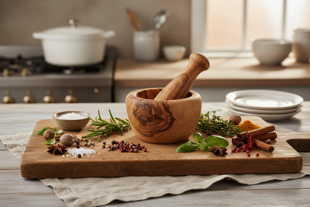 Mortar and pestle with fresh spices