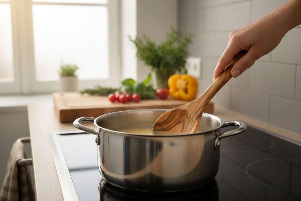 Olive wood cooking spoon being used in kitchen