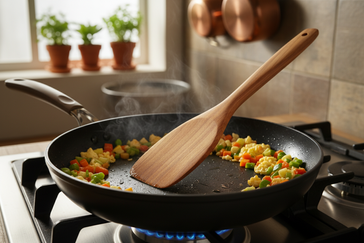 Wooden spatula being used with nonstick pan