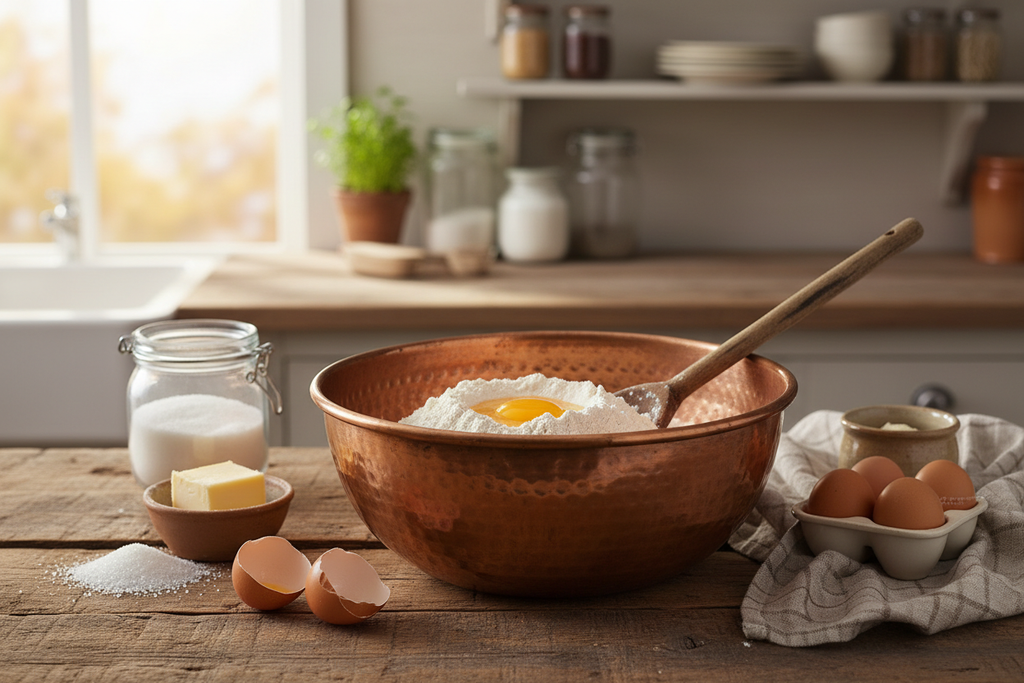 Copper mixing bowl with baking ingredients in kitchen