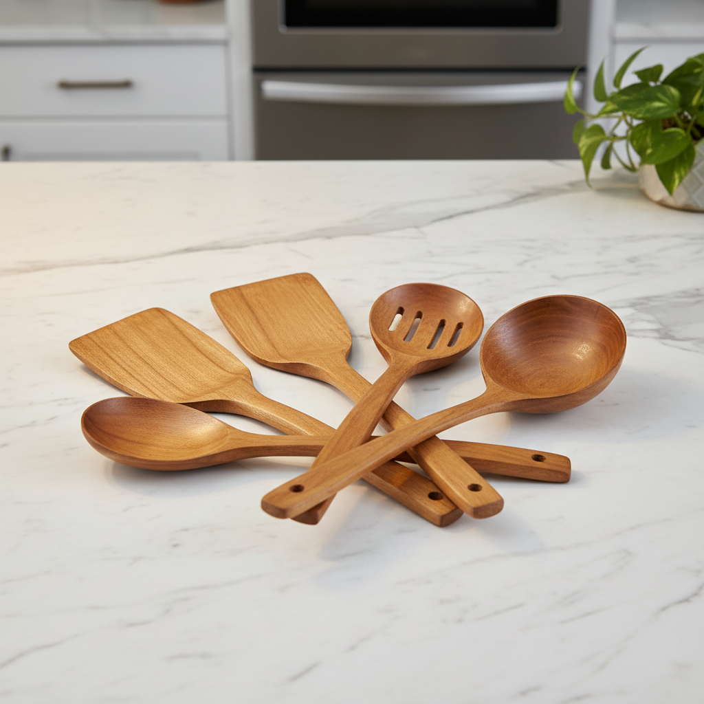 Teak wood cooking utensils set arranged on marble counter