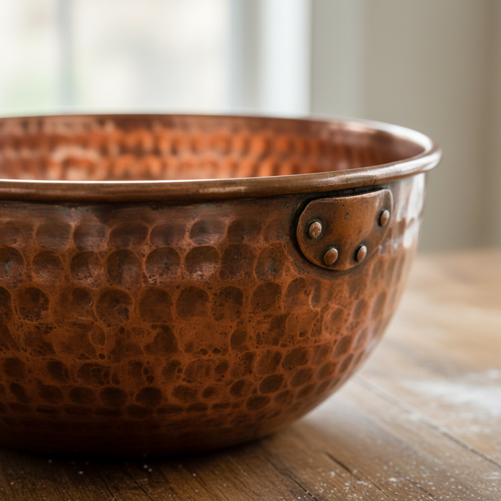 Close-up detail of handcrafted copper bowl
