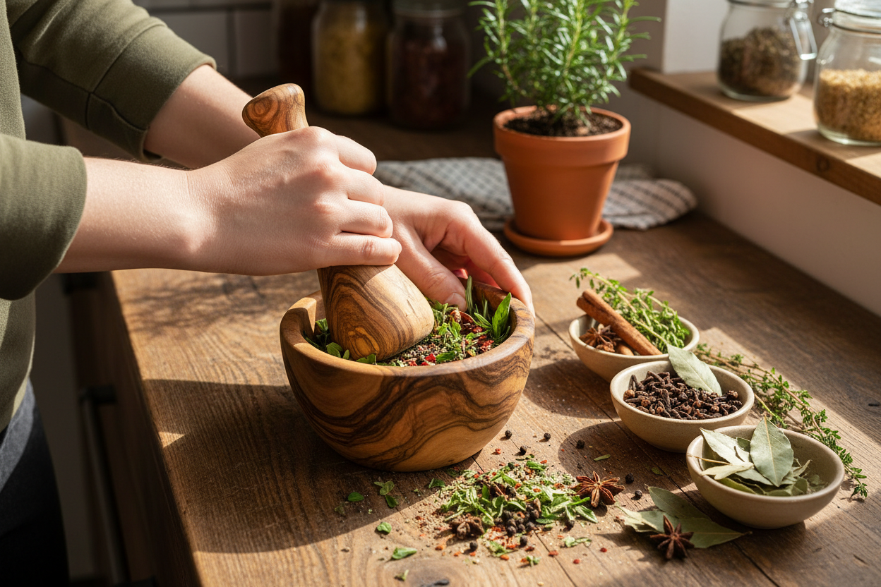Grinding herbs with olive wood mortar and pestle