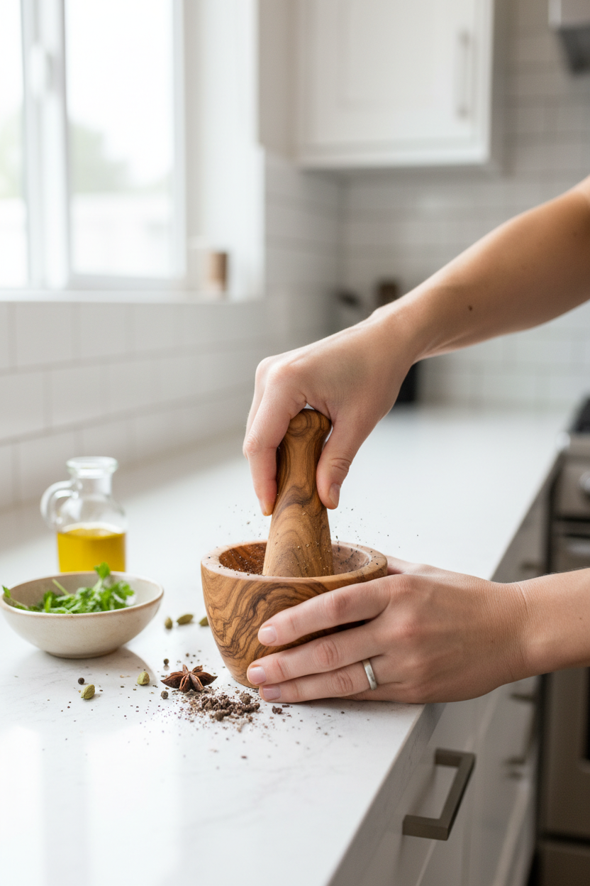 Using olive wood mortar and pestle in kitchen