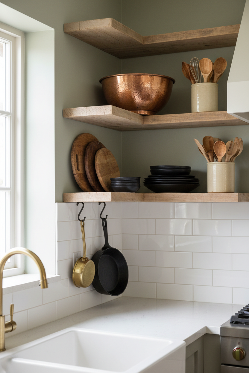Vintage copper bowl displayed on kitchen shelving