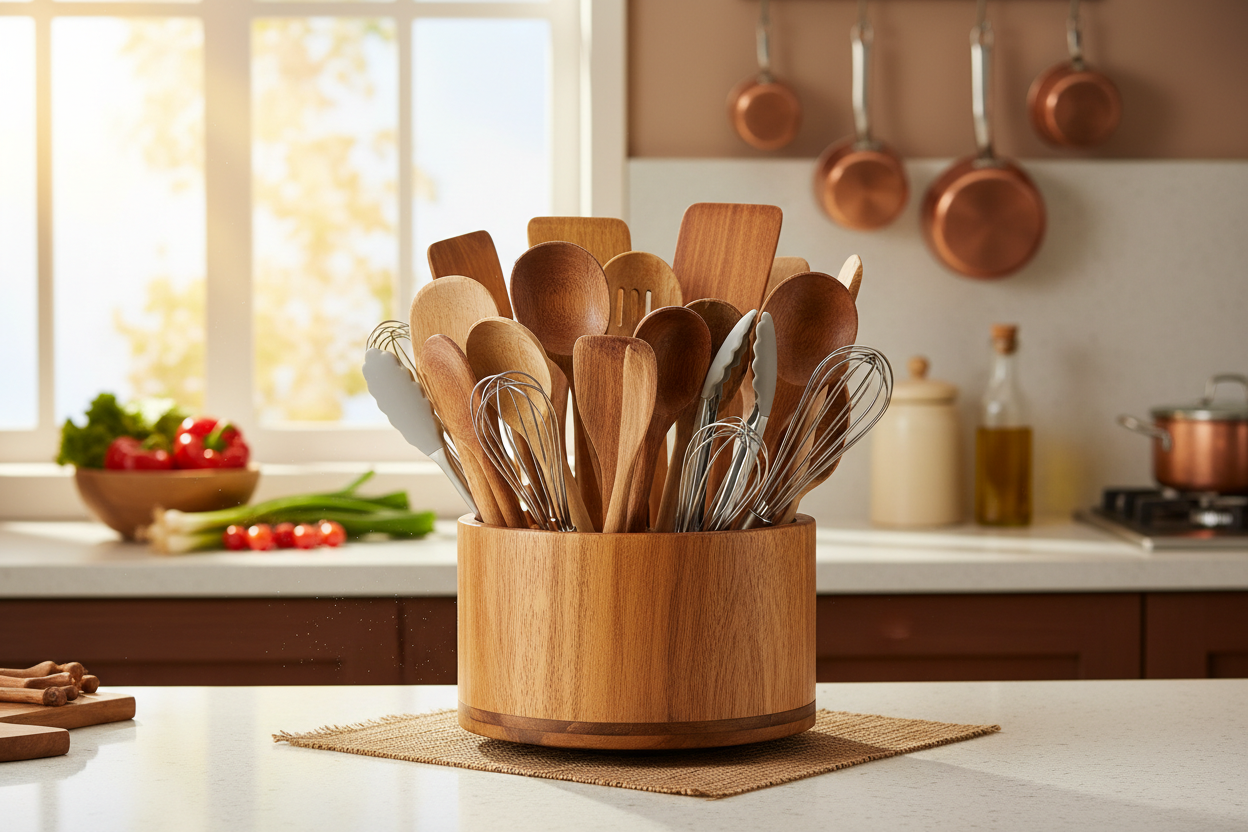 Acacia wood lazy susan utensil holder in kitchen