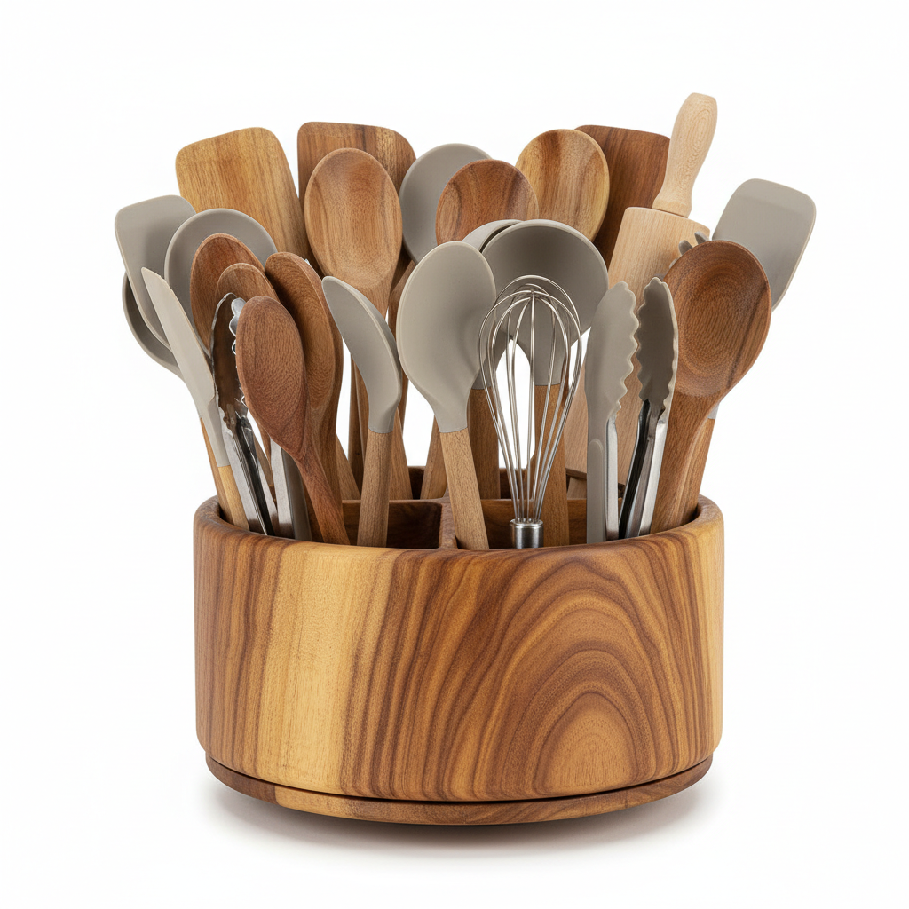 Rotating Lazy Susan Utensil Holder - Acacia Wood